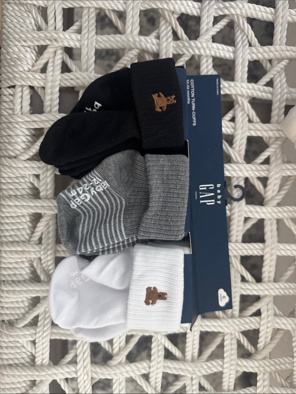 GAP Baby 3-Pack Turn Cuff Socks in Black, Gray & White with Bear Embroidery